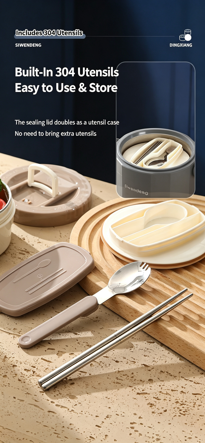 Utensils shown with the lunch box set