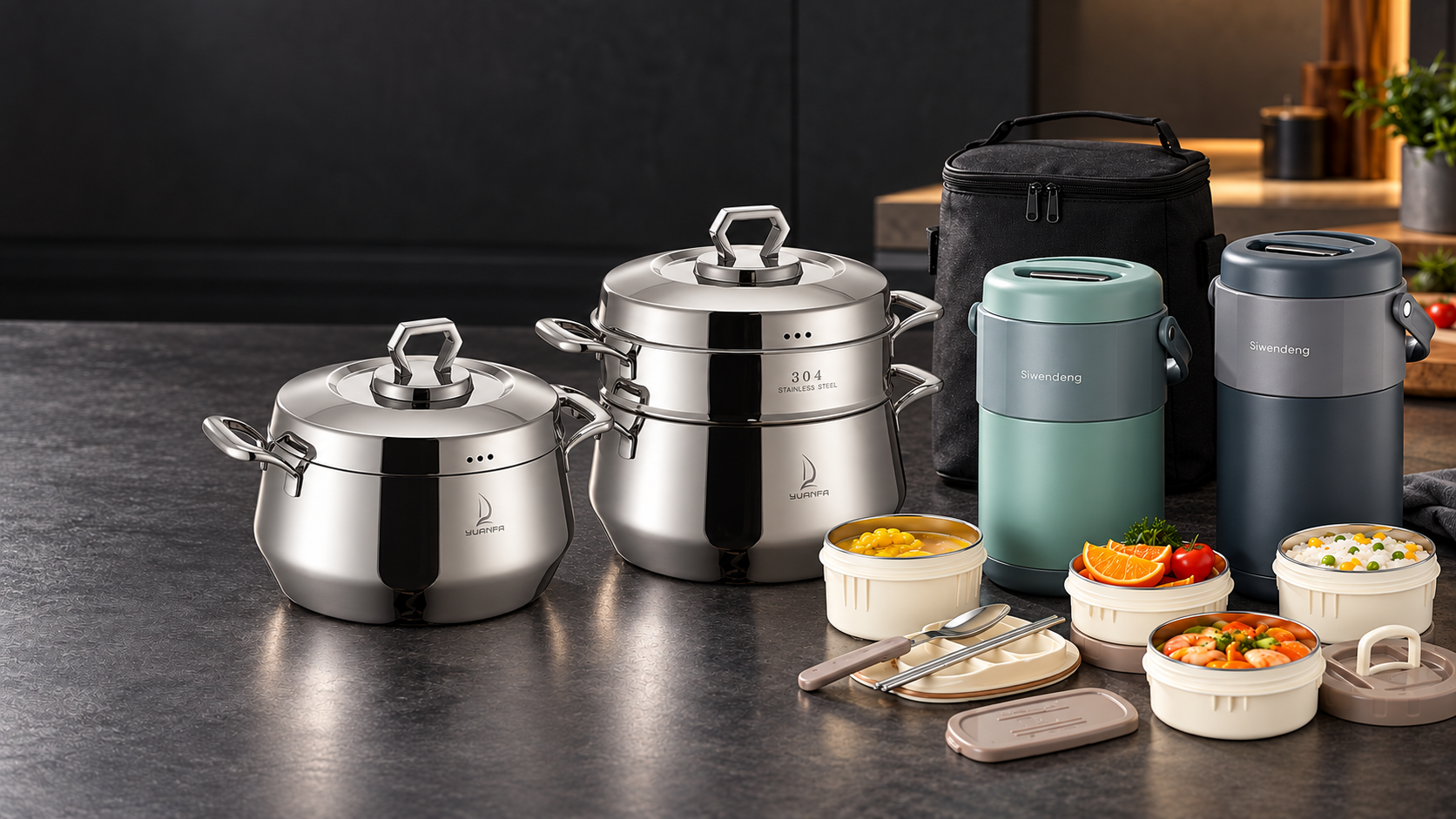 Stainless steel cookware and insulated meal containers